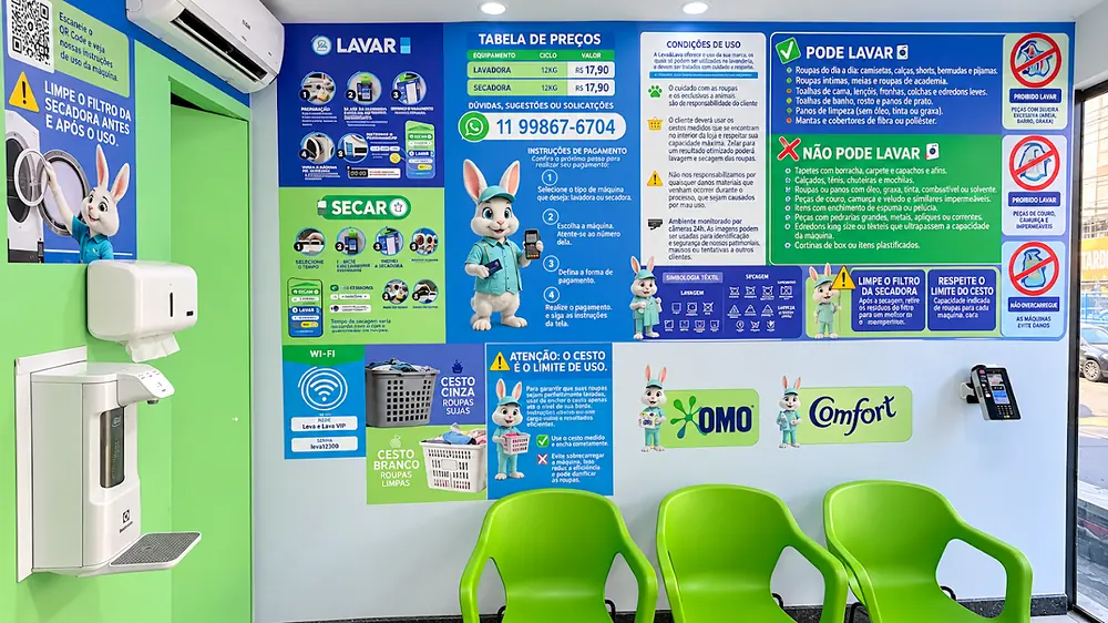 Área de espera com cadeiras verdes, purificador de água e parede com instruções de lavagem, secagem, pagamento e rede Wi-Fi