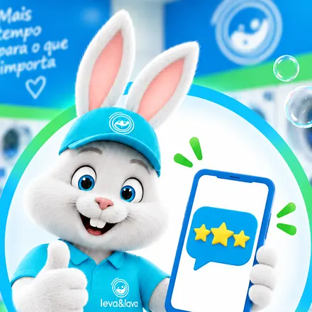 Mascote coelho da Leva & Lava, de boné e camisa azuis, fazendo sinal de positivo e segurando um celular
